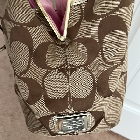 Used Coach Brown Signature Stripe Carry All Handbag - Picture 7 of 9